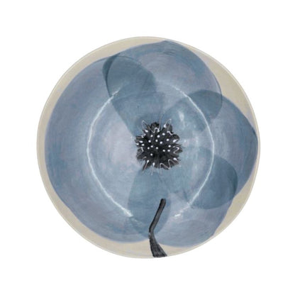 Eclectic Wonki Ware large spaghetti bowl featuring a hand-painted blue poppy motif on cream pottery clay.