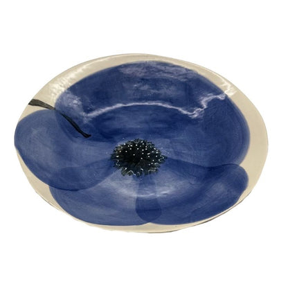 Eclectic Wonki Ware oval stoneware bowl featuring a hand-painted blue poppy motif on a cream background.