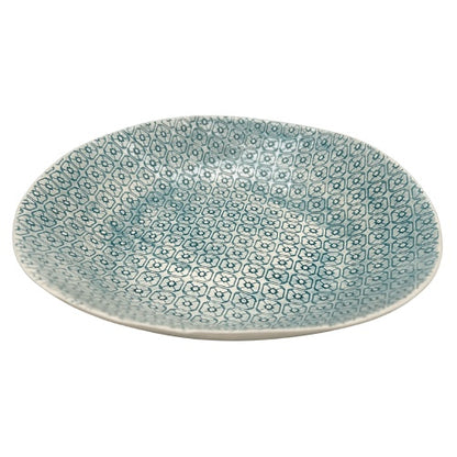 Eclectic Wonki Ware extra large stoneware serving bowl with a blue geometric pattern and organic, handcrafted shape.