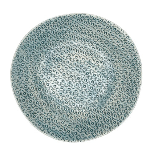 Eclectic Wonki Ware extra large round stoneware serving bowl with a blue hand-impressed geometric pattern