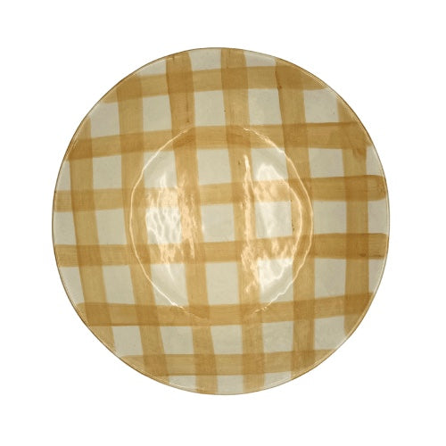 Eclectic Wonki Ware extra large round stoneware serving bowl with a hand-painted tan and cream checkered pattern.
