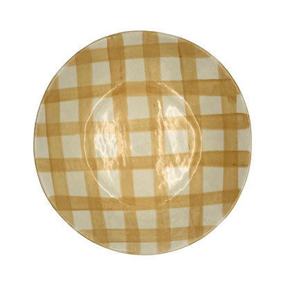 Eclectic Wonki Ware extra large round stoneware serving bowl with a hand-painted tan and cream checkered pattern.