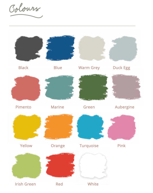 Eclectic Wonki Ware colour palette chart showing various hand-applied glaze options for handcrafted pottery.