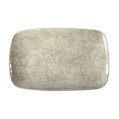 Eclectic Wonki Ware rectangular stoneware roasting platter with a hand-impressed floral lace pattern in neutral tones.