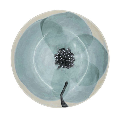 Eclectic Wonki Ware extra large stoneware serving bowl with a hand-painted blue floral design on a cream background.