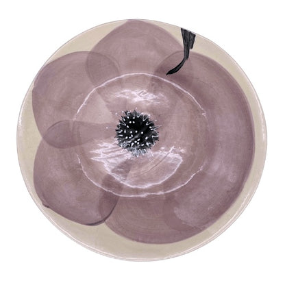 Eclectic Wonki Ware extra large stoneware serving bowl featuring a hand-painted mauve floral design on a cream base.