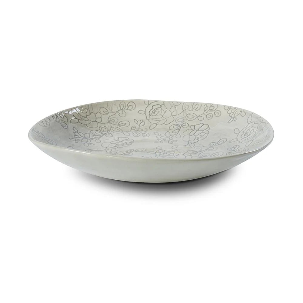 Eclectic Wonki Ware large handmade pottery spaghetti bowl with a grey floral pattern on a white glazed surface.