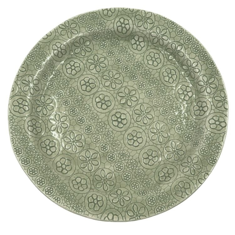 Eclectic Wonki Ware large Mediterranean platter in sage green with a unique hand-stamped floral pattern.
