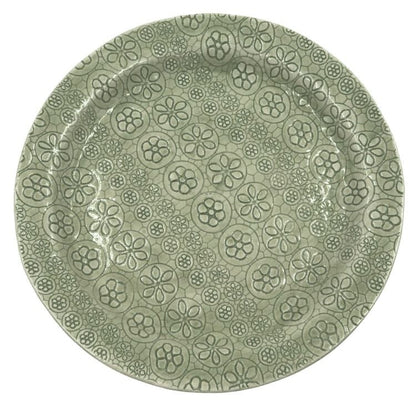 Eclectic Wonki Ware large Mediterranean platter in sage green with a unique hand-stamped floral pattern.