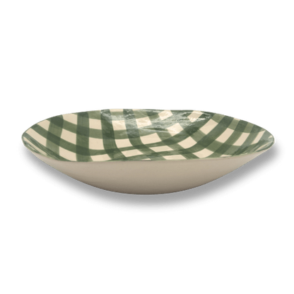 Eclectic Wonki Ware extra large stoneware serving bowl featuring a hand-painted green and white gingham check pattern.