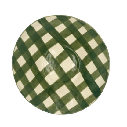 Eclectic Wonki Ware handcrafted pottery salad bowl with a green and white hand-painted gingham check pattern