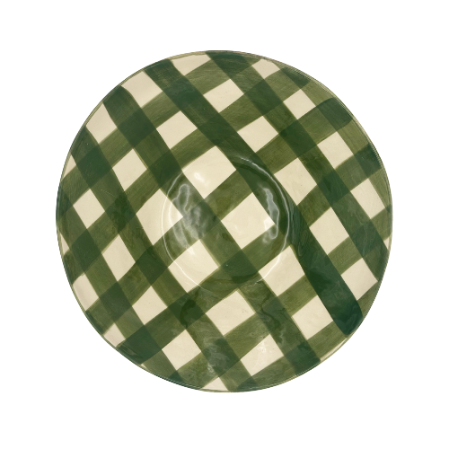Eclectic Wonki Ware extra large stoneware serving bowl featuring a hand-painted green and white gingham check pattern.