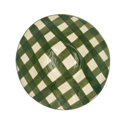 Eclectic Wonki Ware extra large stoneware serving bowl featuring a hand-painted green and white gingham check pattern.