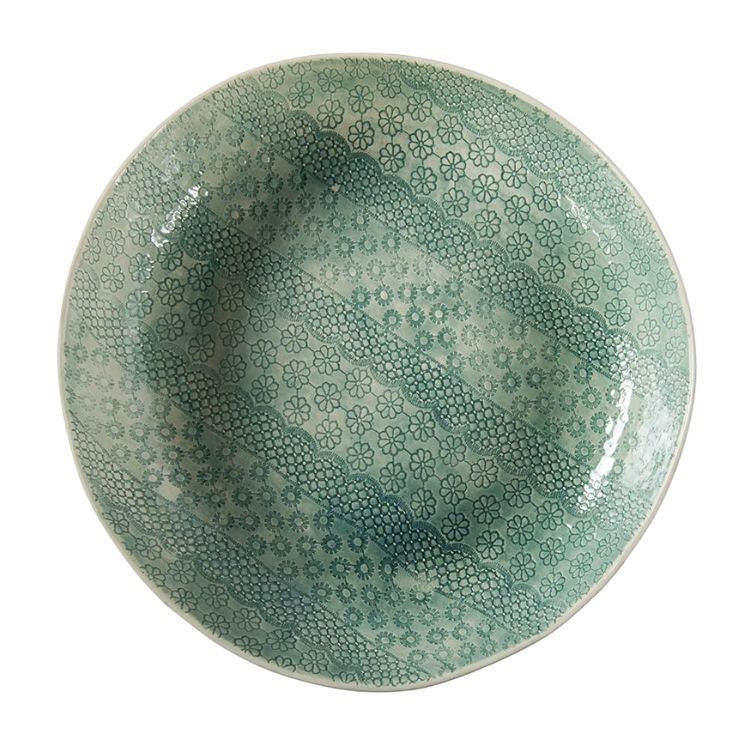 Eclectic Wonki Ware large handmade pottery pie dish in green with a unique floral lace-inspired pattern