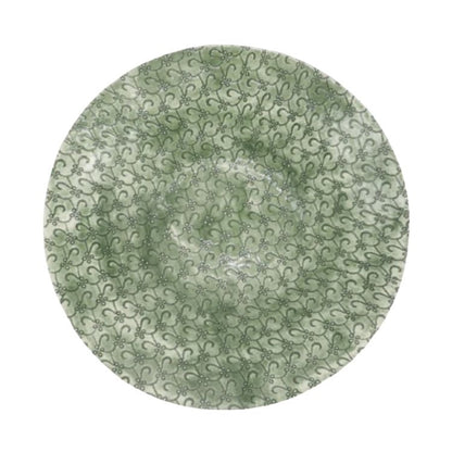 Eclectic Wonki Ware handcrafted green salad bowl with intricate hand-painted floral pattern and organic pottery texture.