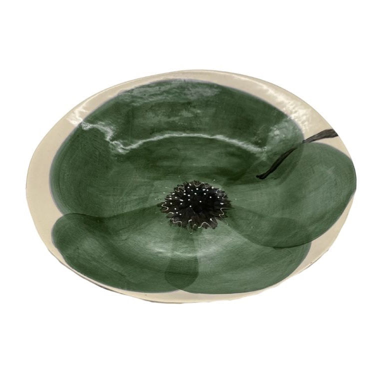 Eclectic Wonki Ware oval stoneware bowl featuring a hand-painted dark green poppy motif on a cream glazed background.