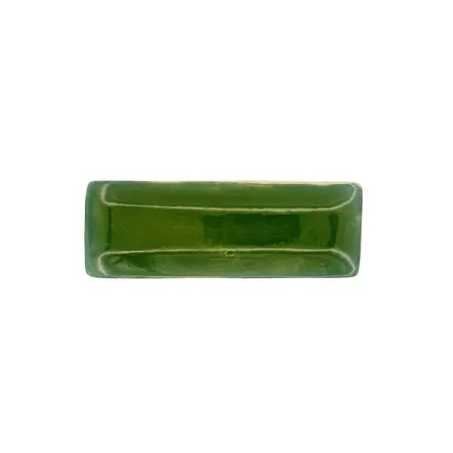 Eclectic Wonki Ware long skinny green pottery serving dish for olives and tapas with a glossy handmade glaze finish