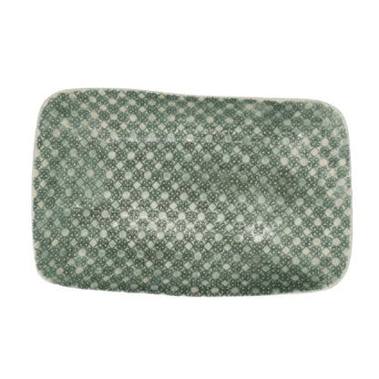 Eclectic Wonki Ware rectangular stoneware roasting platter with a unique green and white hand-impressed lace pattern.