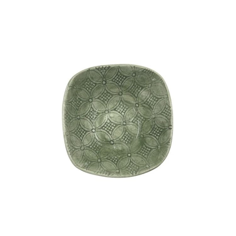 Eclectic Wonki Ware handcrafted sage green square stoneware ramekin with a decorative embossed geometric pattern.