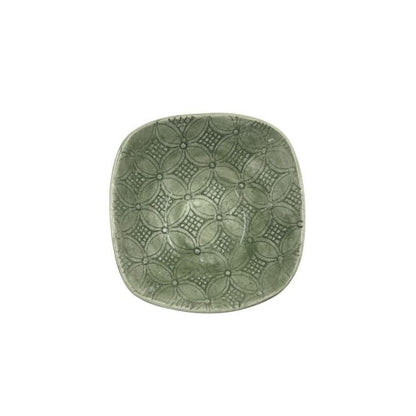 Eclectic Wonki Ware handcrafted sage green square stoneware ramekin with a decorative embossed geometric pattern.
