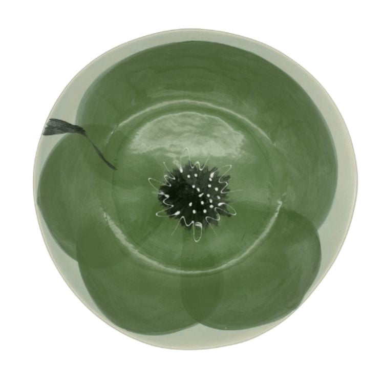 Eclectic Wonki Ware extra large green stoneware serving bowl with hand-painted floral design and shallow round shape.