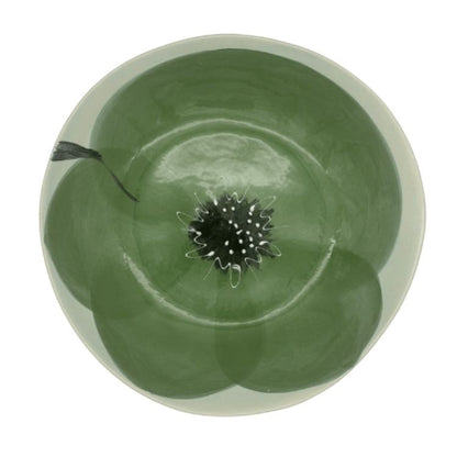 Eclectic Wonki Ware extra large green stoneware serving bowl with hand-painted floral design and shallow round shape.