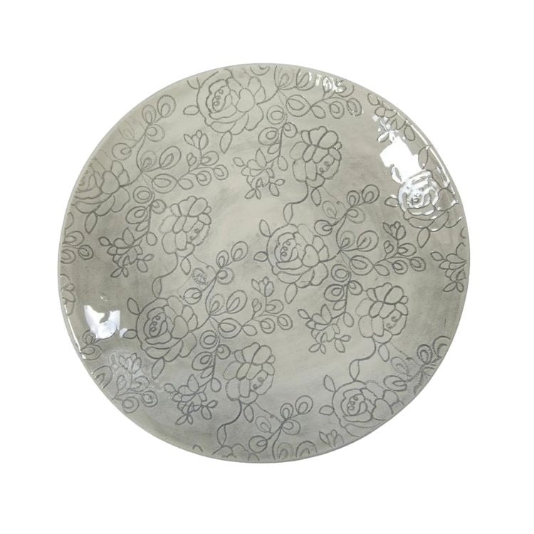 Eclectic Wonki Ware large handmade pottery spaghetti bowl with a grey hand-painted floral pattern