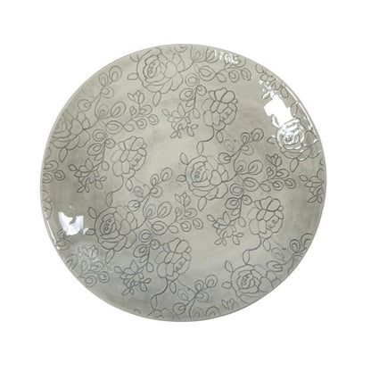 Eclectic Wonki Ware large handmade pottery spaghetti bowl with a grey hand-painted floral pattern