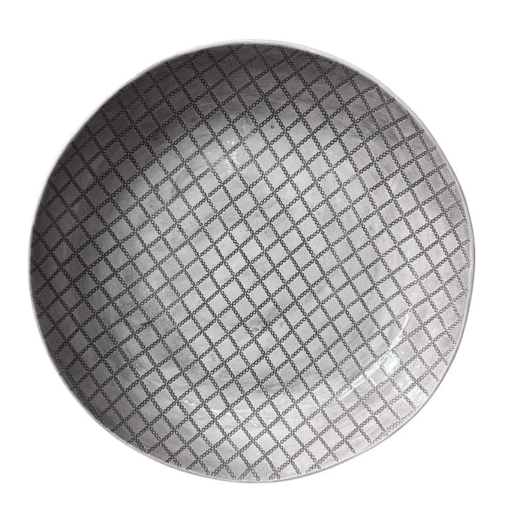 Eclectic Wonki Ware large handcrafted pottery pie dish with a grey lattice pattern on a white glazed clay background.