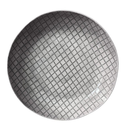 Eclectic Wonki Ware large handcrafted pottery pie dish with a grey lattice pattern on a white glazed clay background.