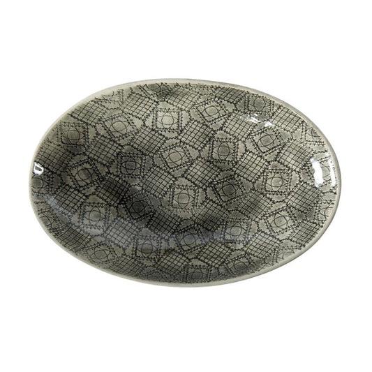 Eclectic Wonki Ware oval stoneware bowl featuring a grey patterned glaze with unique hand-applied geometric details.