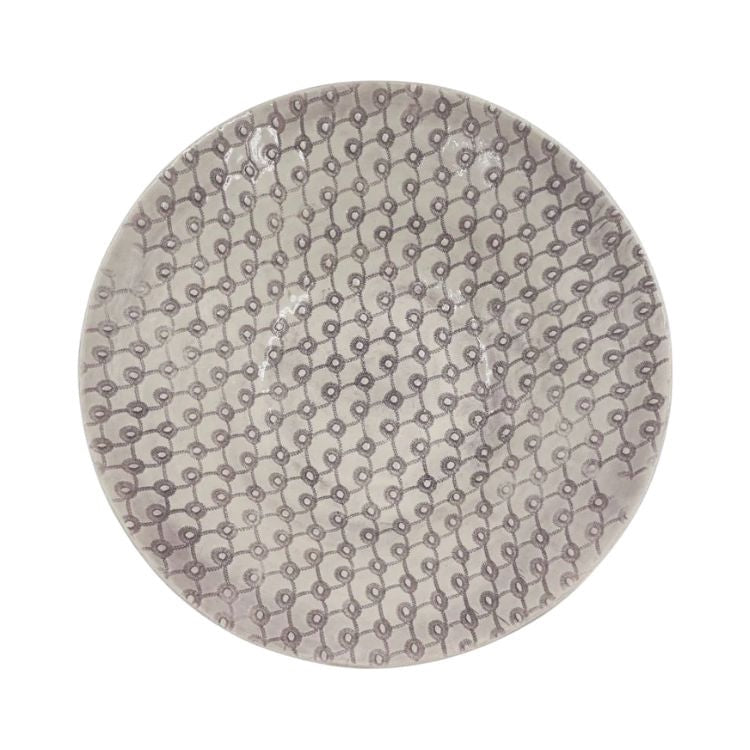 Eclectic Wonki Ware handcrafted pottery salad bowl with a grey hand-painted lattice pattern on a white background.