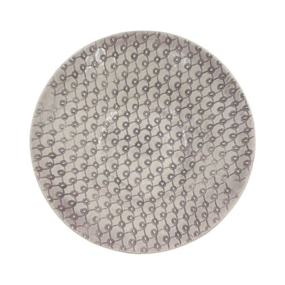 Eclectic Wonki Ware handcrafted pottery salad bowl with a grey hand-painted lattice pattern on a white background.