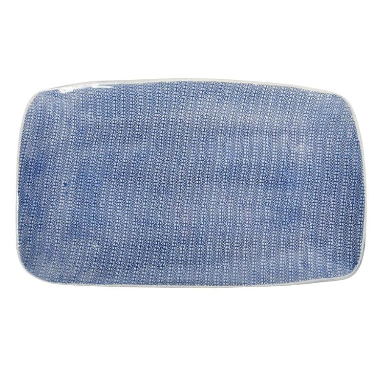 Eclectic Wonki Ware large rectangular pottery trough with a blue and white intricate hand-painted pattern