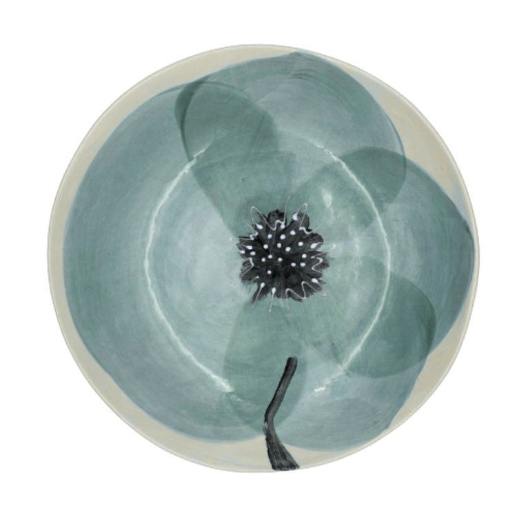 Eclectic Wonki Ware extra large stoneware serving bowl featuring a hand-painted green floral design on a cream base.