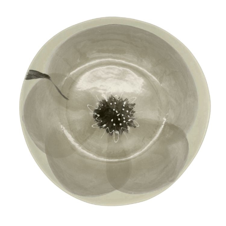 Eclectic Wonki Ware extra large stoneware serving bowl with a hand-painted grey floral design on a cream background.