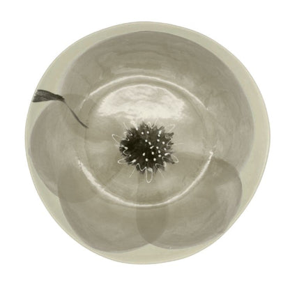 Eclectic Wonki Ware extra large stoneware serving bowl with a hand-painted grey floral design on a cream background.