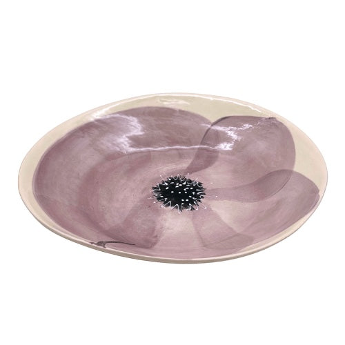 Eclectic Wonki Ware extra large stoneware serving bowl featuring a hand-painted mauve floral design on cream clay.