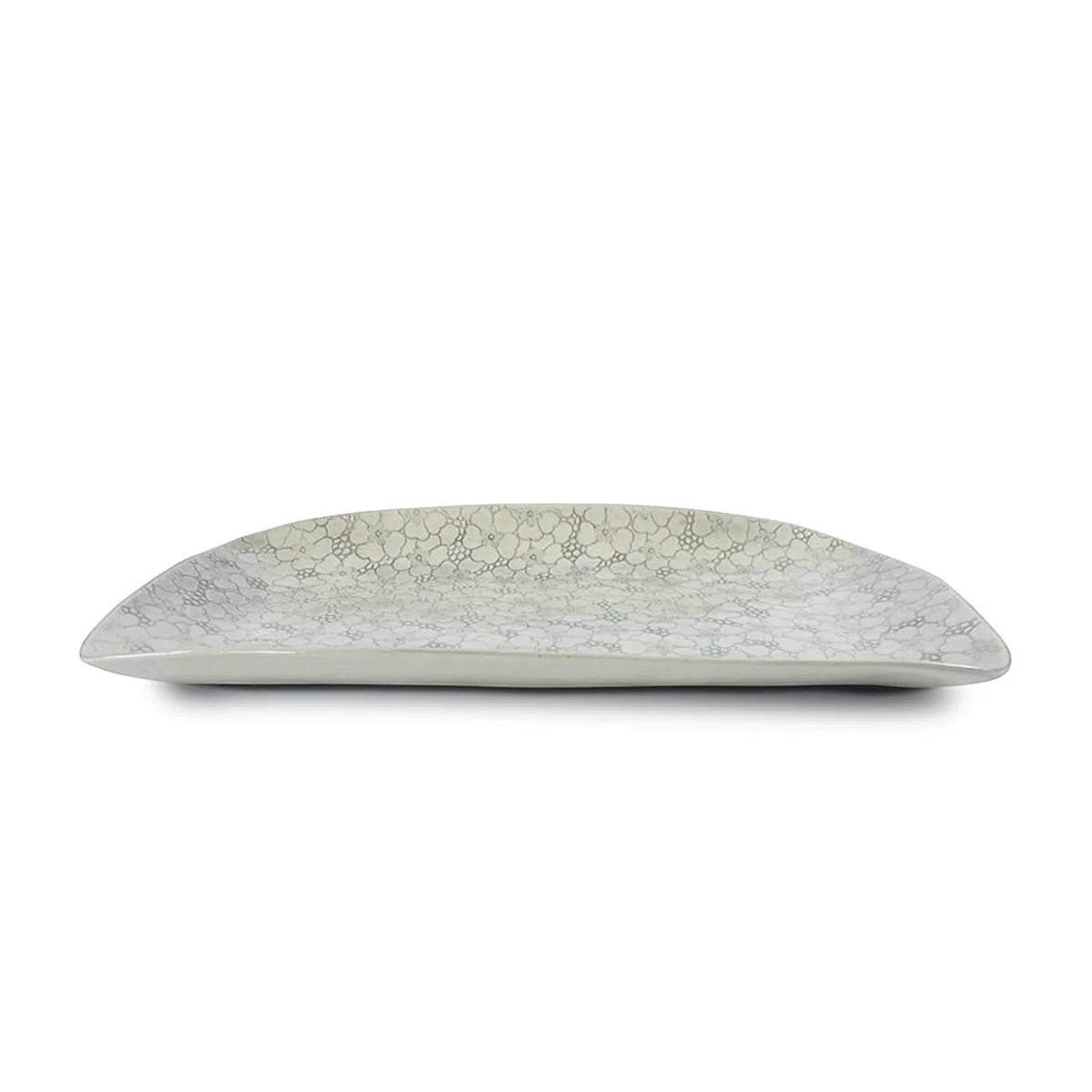 Eclectic Wonki Ware large handmade pottery trough with a delicate grey floral pattern on a white glazed surface.