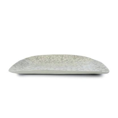 Eclectic Wonki Ware large handmade pottery trough with a delicate grey floral pattern on a white glazed surface.