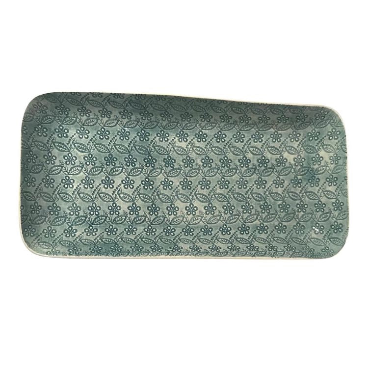 Eclectic Wonki Ware large rectangular pottery trough in blue-green with a delicate floral leaf pattern.