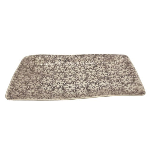 Eclectic Wonki Ware large rectangular pottery trough with a detailed grey and white floral pattern