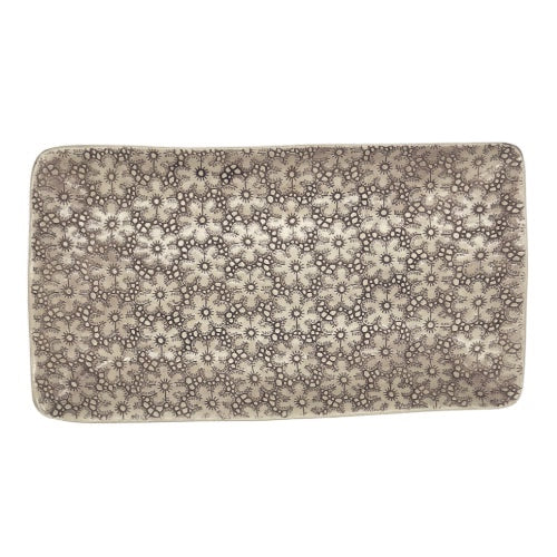 Eclectic Wonki Ware large rectangular pottery trough with a grey and white floral pattern for serving food.