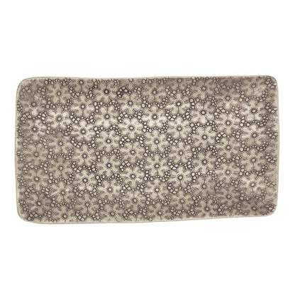 Eclectic Wonki Ware large rectangular pottery trough with a grey and white floral pattern for serving food.