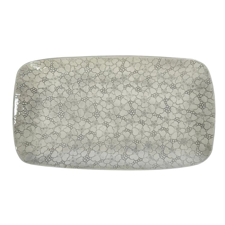 Eclectic Wonki Ware large rectangular pottery trough with a grey and white floral lace pattern for serving food.