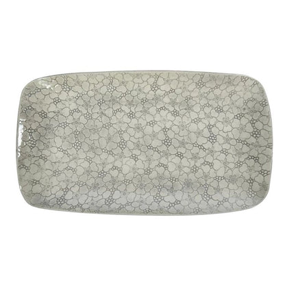 Eclectic Wonki Ware large rectangular pottery trough with a grey and white floral lace pattern for serving food.