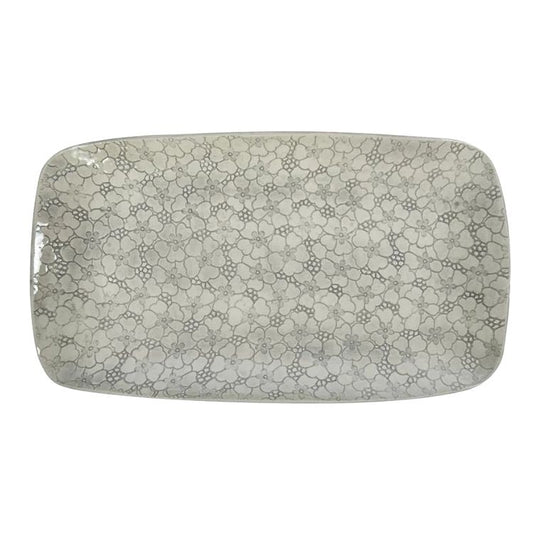 Eclectic Wonki Ware large rectangular pottery trough with a grey and white floral lace pattern for serving food.