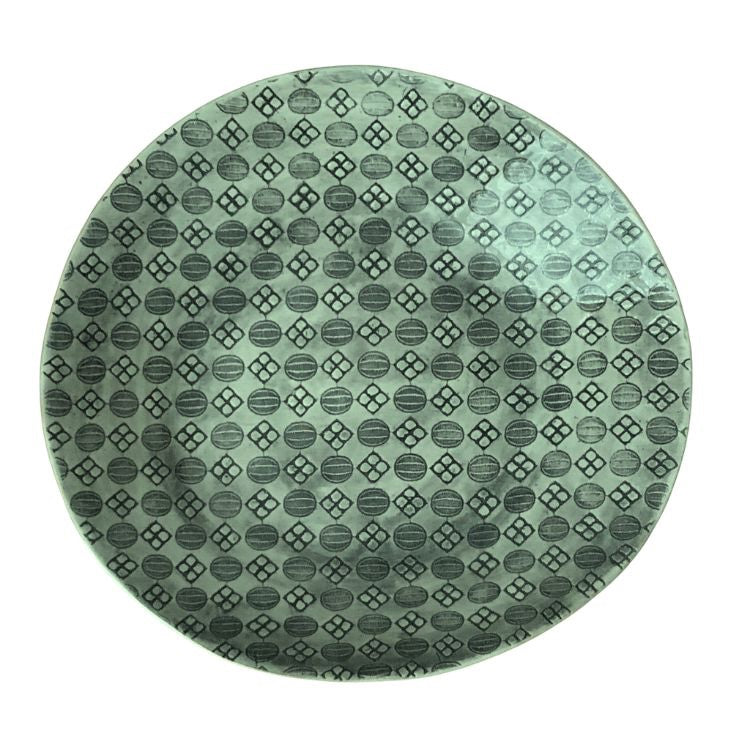 Eclectic Wonki Ware extra large round stoneware serving bowl in sage green with a hand-impressed geometric pattern.