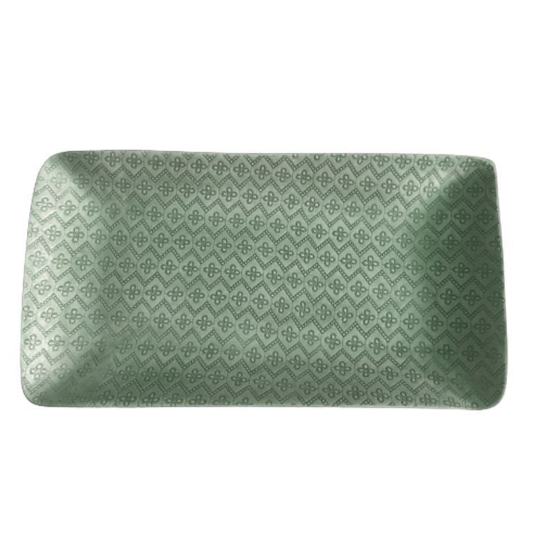 Eclectic Wonki Ware large rectangular pottery serving trough in sage green with a decorative embossed geometric pattern