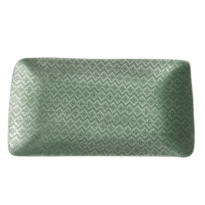Eclectic Wonki Ware large rectangular pottery serving trough in sage green with a decorative embossed geometric pattern